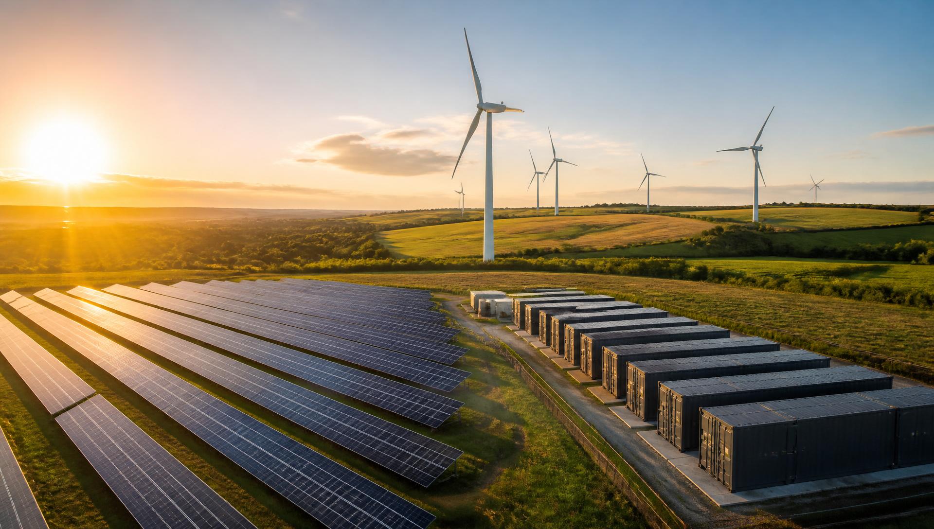 Hybrid renewable energy park with solar panels, wind turbines and battery storage at golden hour